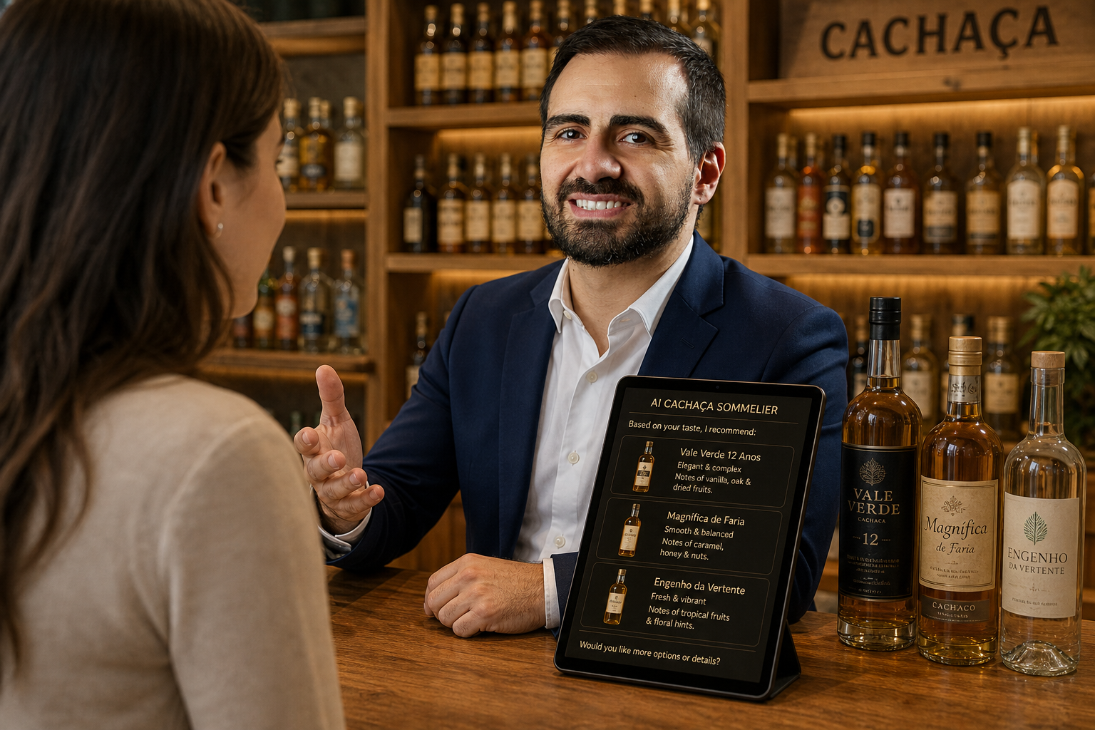 Eric, curador da Alma de Cana, com o sommelier de IA no balcão