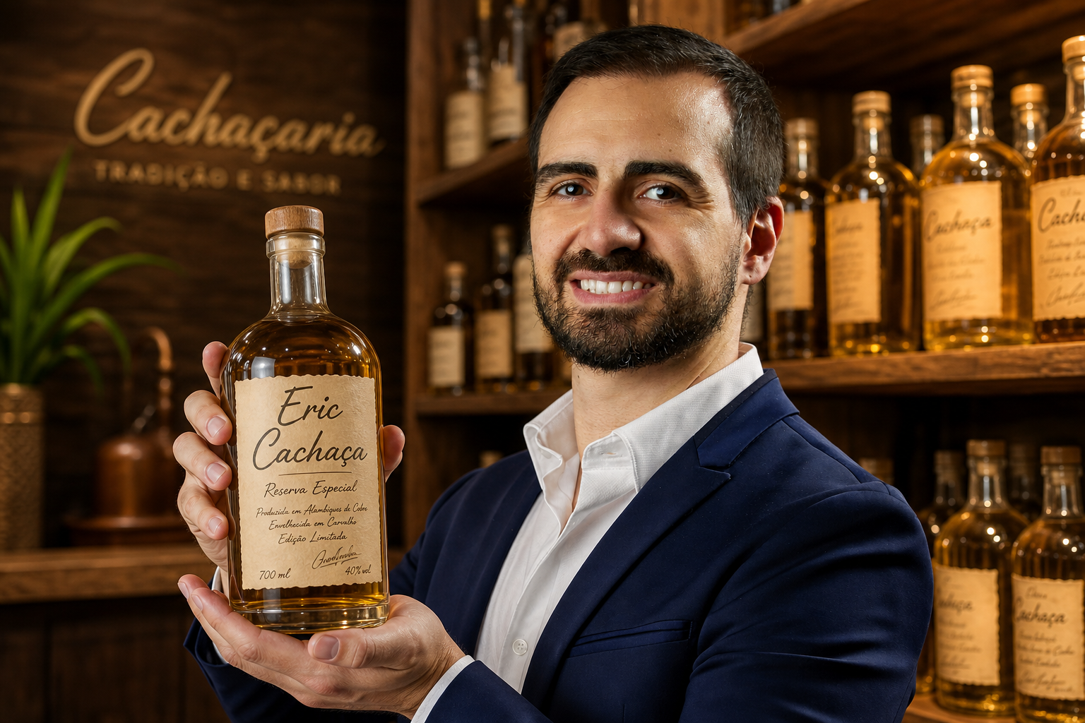 Cachaça artesanal premium com rótulo escrito à mão
