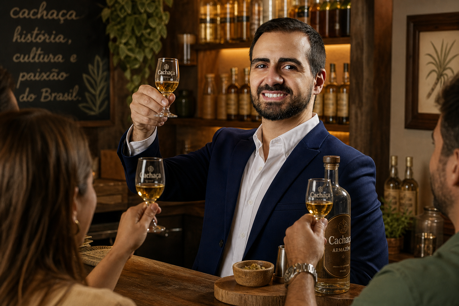 Brinde com cachaça no balcão da casa